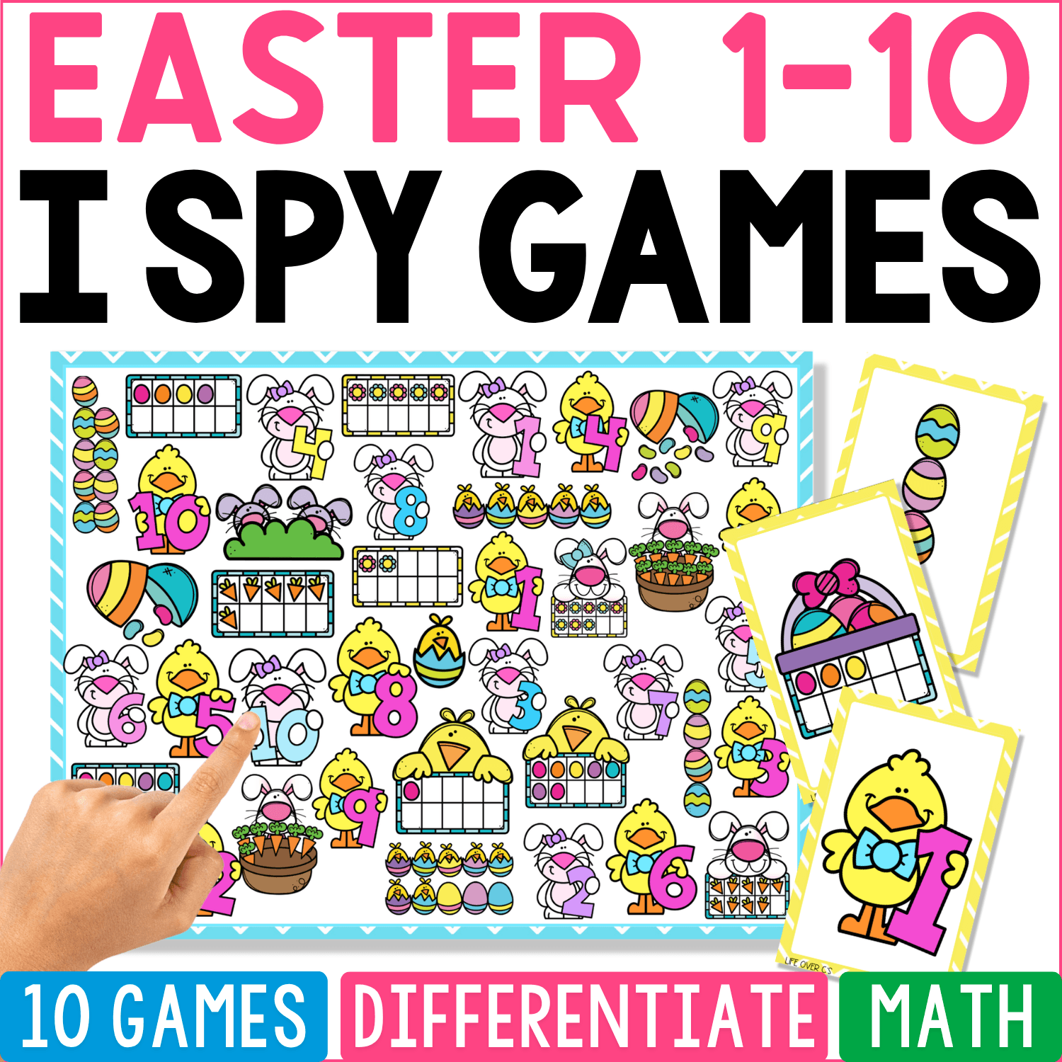 Easter Counting 1-10 I Spy math game cover featuring numerals, ten frames, Easter eggs, bunnies, chicks, carrots, baskets, flowers, and colorful spring counting pictures.