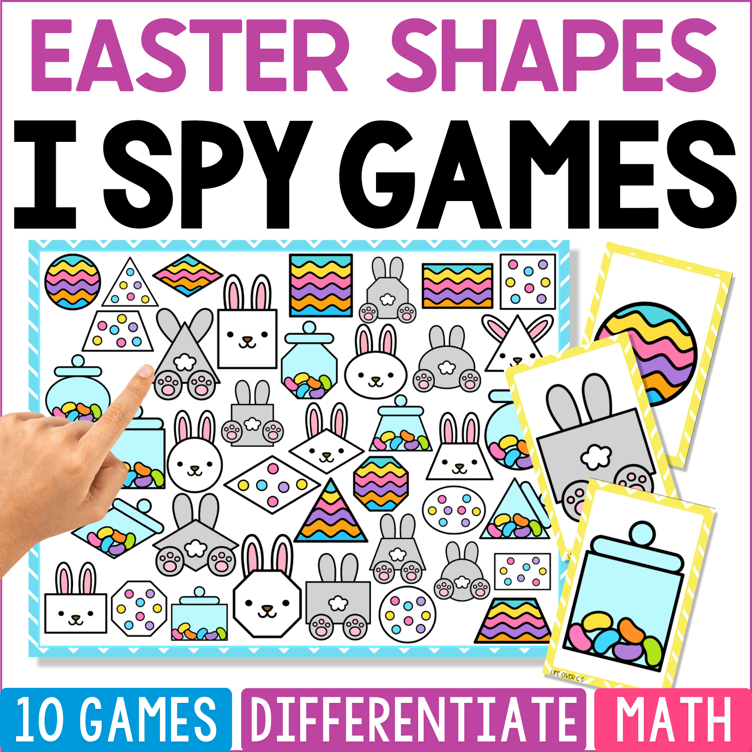 Easter Shapes I Spy math game cover featuring Easter eggs, bunnies, candy jars, and spring pictures made with circles, triangles, rectangles, squares, diamonds, and other 2D shapes.