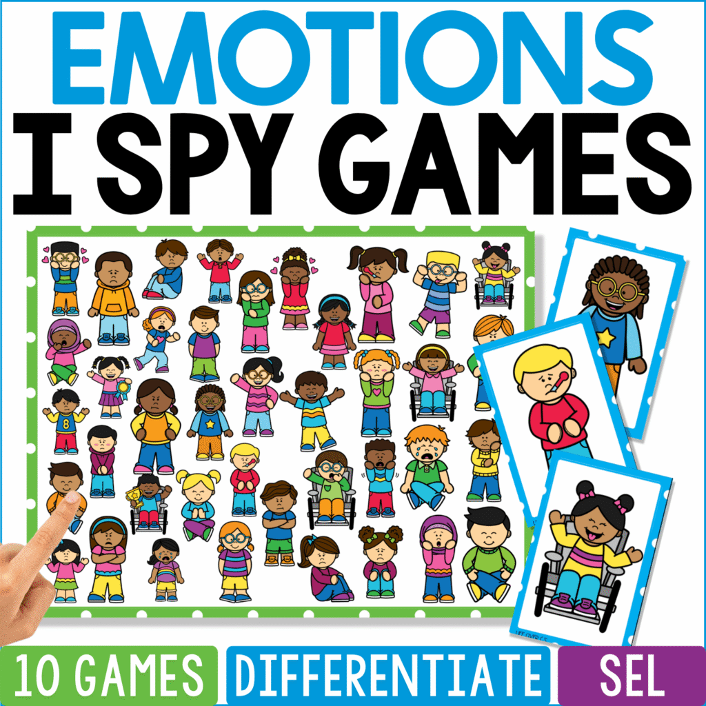 Emotions I Spy Games cover presents a diverse group of children using body language and facial expressions to show feelings such as excitement, sadness, frustration, worry, happiness, surprise, and anger, with individual emotion cards beside the board.