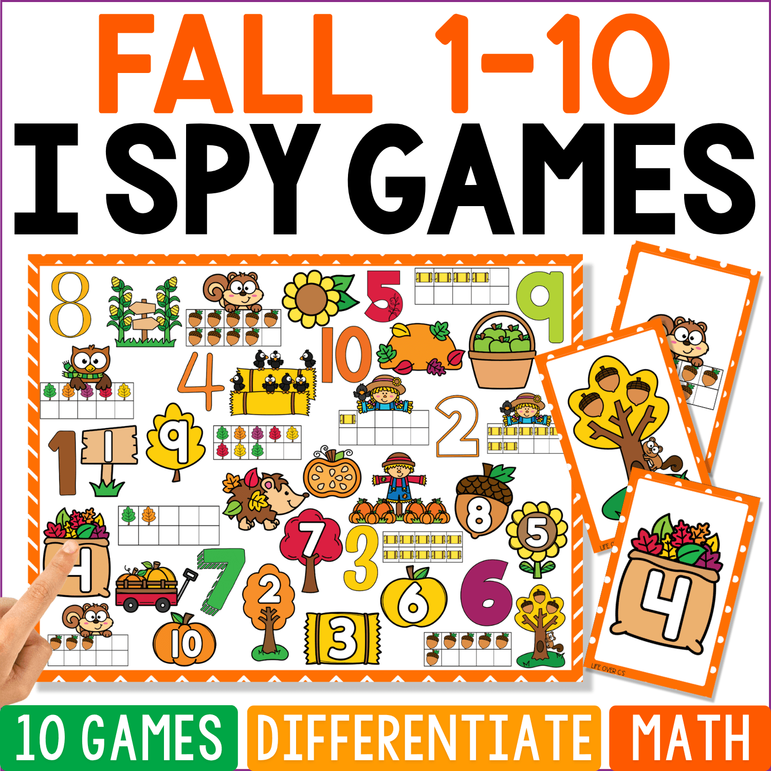Fall Counting 1-10 I Spy math game cover with numerals, ten frames, owls, sunflowers, scarecrows, pumpkins, hedgehogs, fall leaves, apples, and autumn-themed pictures.