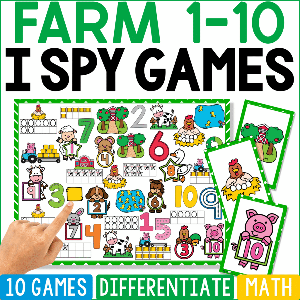 Farm Counting 1-10 I Spy math game cover featuring numerals, ten frames, cows, pigs, chickens, tractors, farmers, trees, barns, and other farm-themed counting pictures.