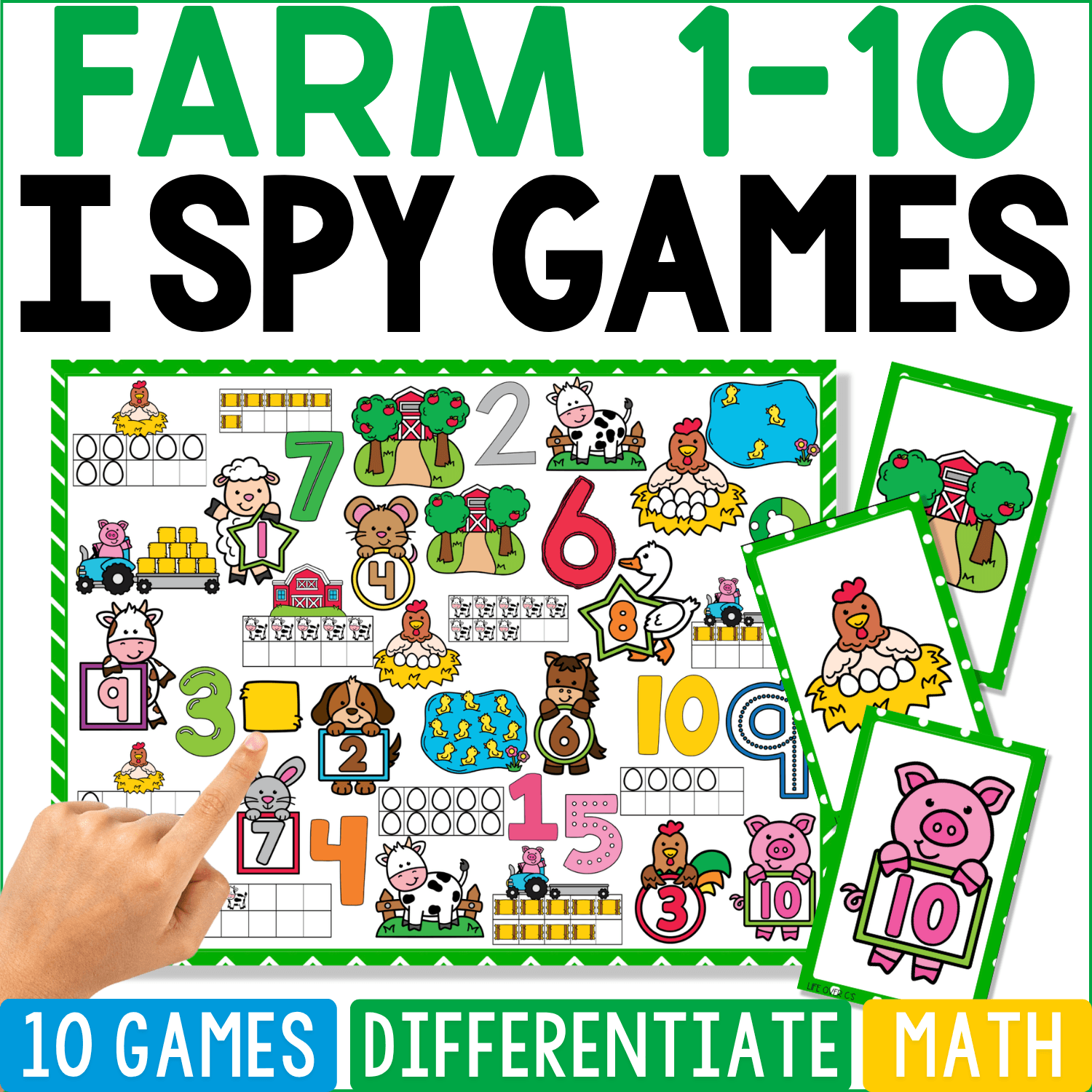 Farm Counting 1-10 I Spy math game cover featuring numerals, ten frames, cows, pigs, chickens, tractors, farmers, trees, barns, and other farm-themed counting pictures.