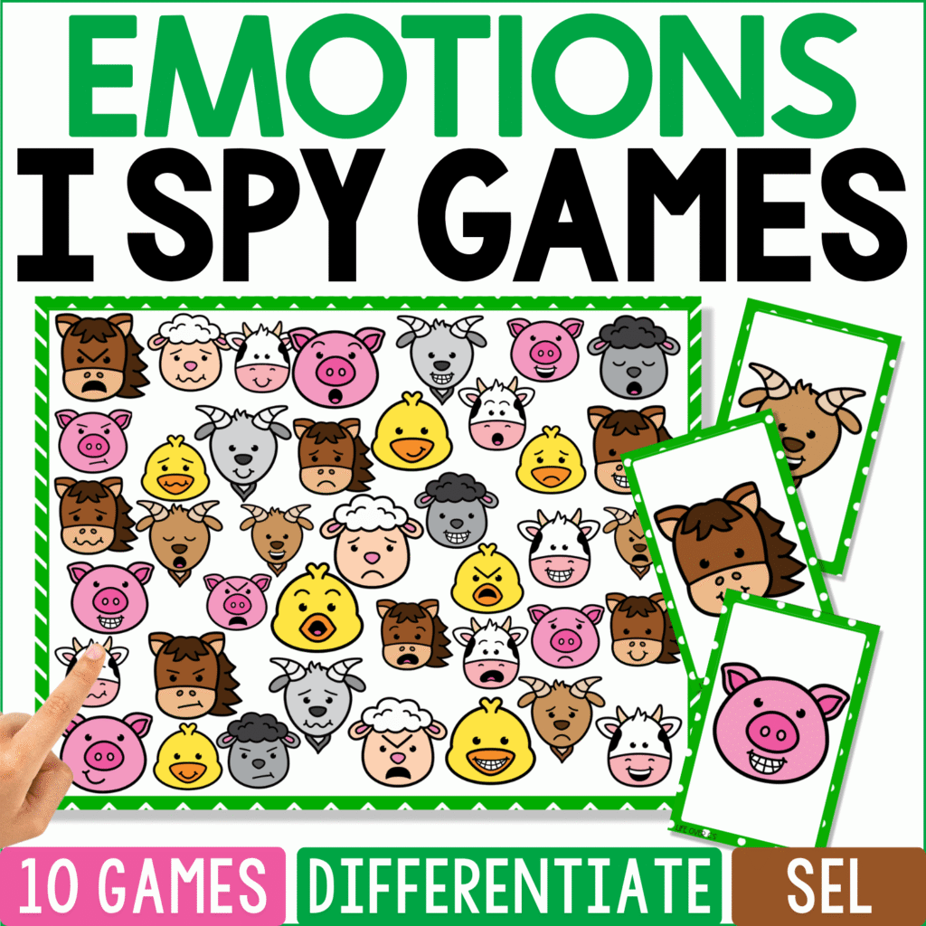 Farm Emotions I Spy game cover with pigs, cows, horses, sheep, goats, chickens, and ducks showing different facial expressions for emotions recognition and SEL practice.