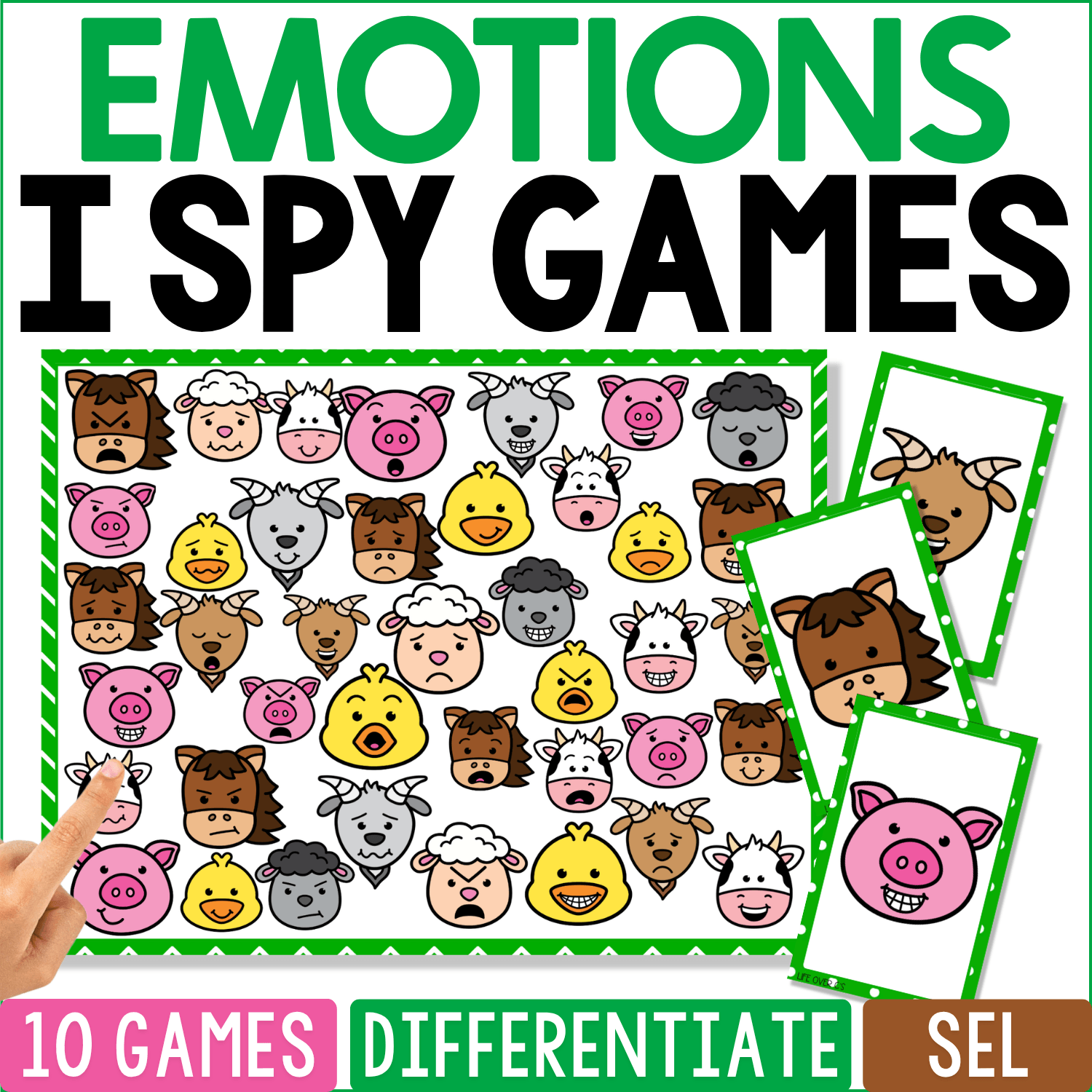 Farm Emotions I Spy game cover with pigs, cows, horses, sheep, goats, chickens, and ducks showing different facial expressions for emotions recognition and SEL practice.
