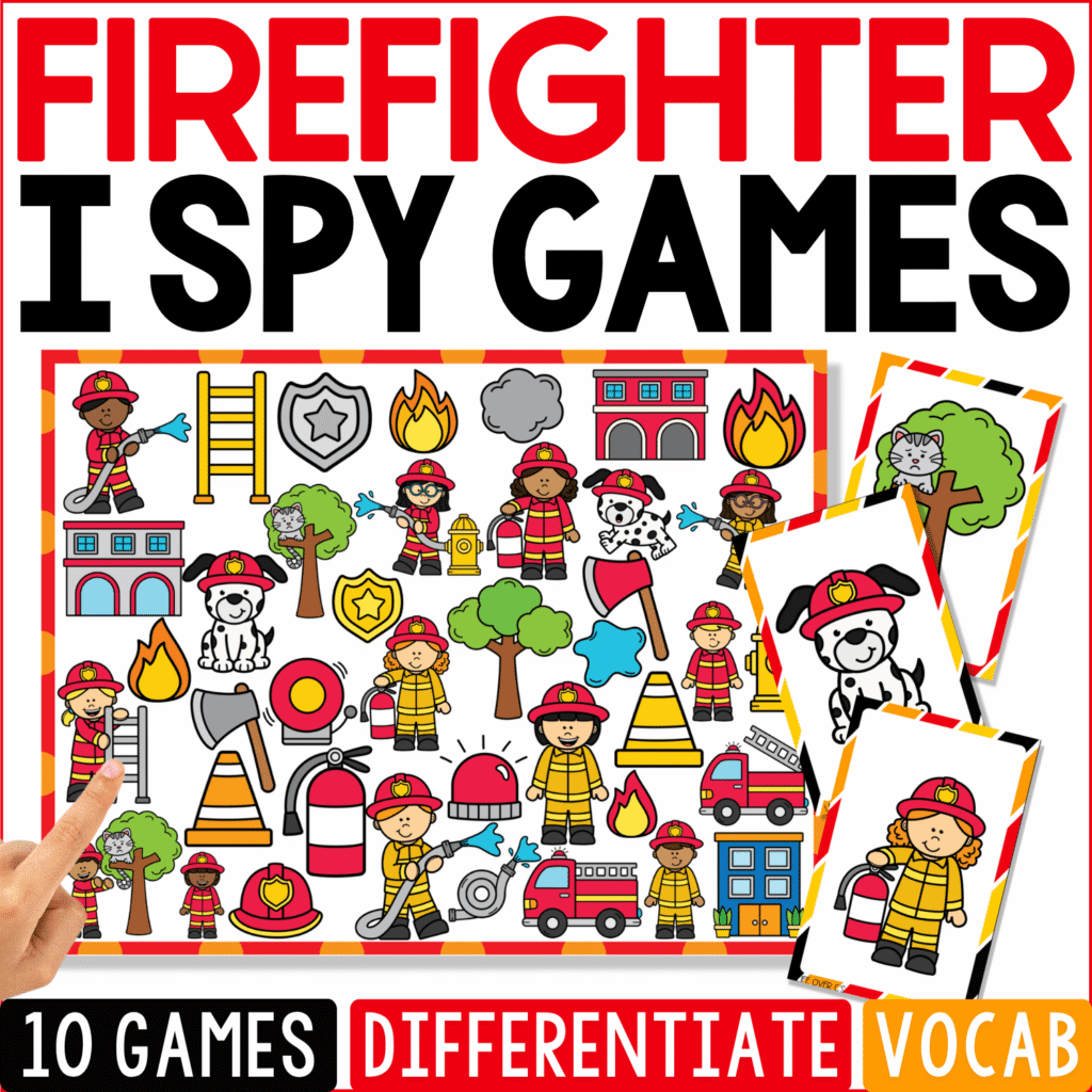 Firefighter I Spy Games cover is filled with firefighters, fire engines, ladders, hoses, hydrants, traffic cones, helmets, flames, station buildings, badges, and a firehouse dog, with firefighter and Dalmatian cards featured prominently.