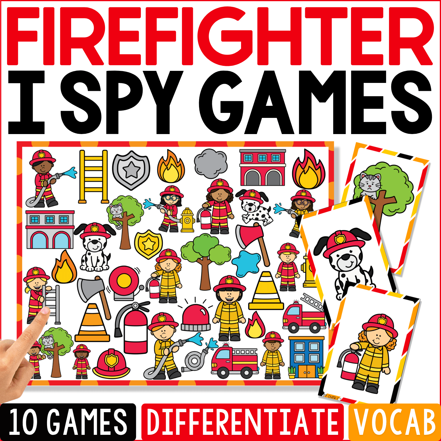 Firefighter I Spy Games cover is filled with firefighters, fire engines, ladders, hoses, hydrants, traffic cones, helmets, flames, station buildings, badges, and a firehouse dog, with firefighter and Dalmatian cards featured prominently.