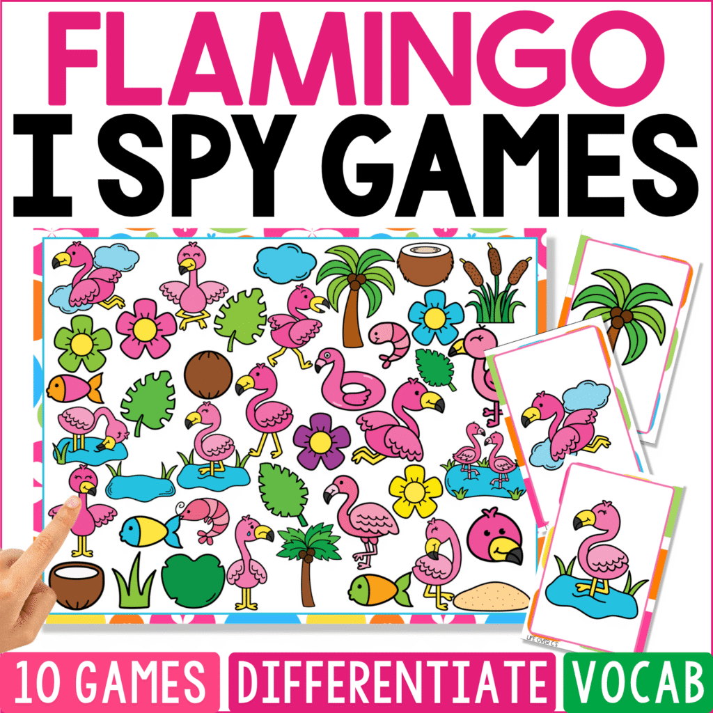Flamingo I Spy Games cover uses a playful pink tropical scene with flamingos standing, sitting, swimming, and wearing accessories among palm trees, flowers, coconuts, clouds, leaves, ponds, and tropical greenery.