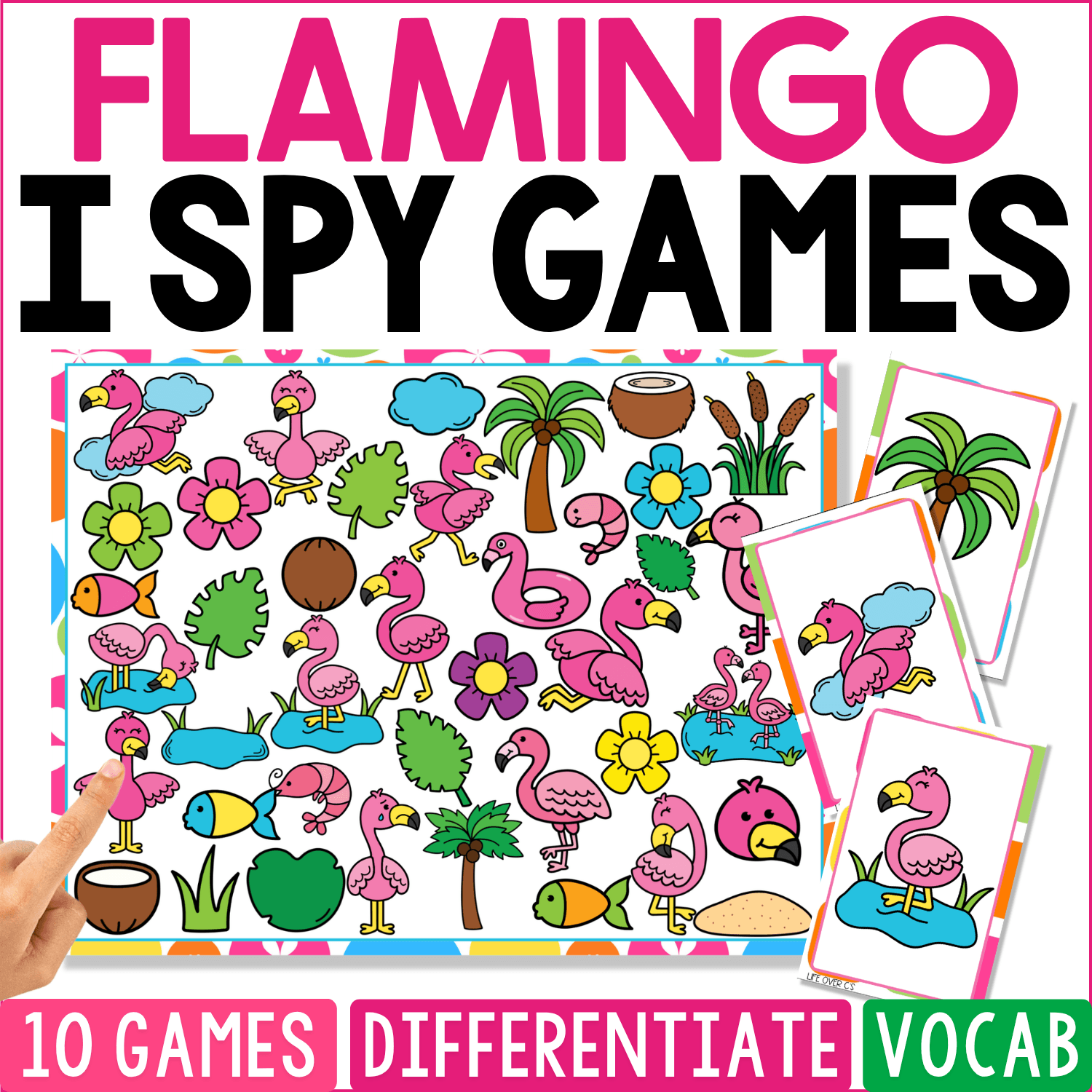Flamingo I Spy Games cover uses a playful pink tropical scene with flamingos standing, sitting, swimming, and wearing accessories among palm trees, flowers, coconuts, clouds, leaves, ponds, and tropical greenery.