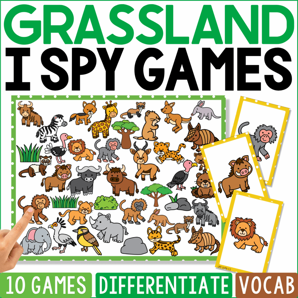 Grassland I Spy Games cover combines lions, giraffes, zebras, elephants, rhinos, cheetahs, antelope, buffalo, ostriches, monkeys, and scattered grassland trees, with lion and other animal cards isolated for search-and-find play.