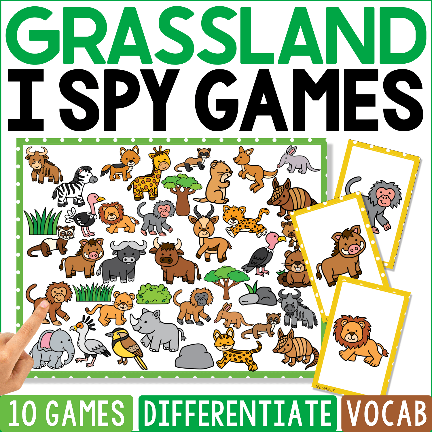 Grassland I Spy Games cover combines lions, giraffes, zebras, elephants, rhinos, cheetahs, antelope, buffalo, ostriches, monkeys, and scattered grassland trees, with lion and other animal cards isolated for search-and-find play.