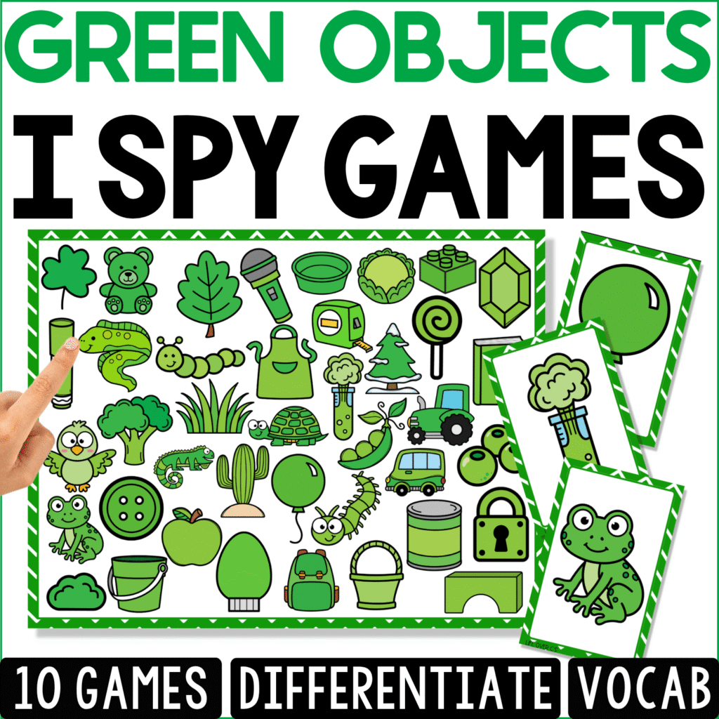 Green Objects I Spy vocabulary game cover with a visual discrimination board featuring a frog, broccoli, apple, cactus, turtle, leaf, clover, tractor, caterpillar, and green toys.