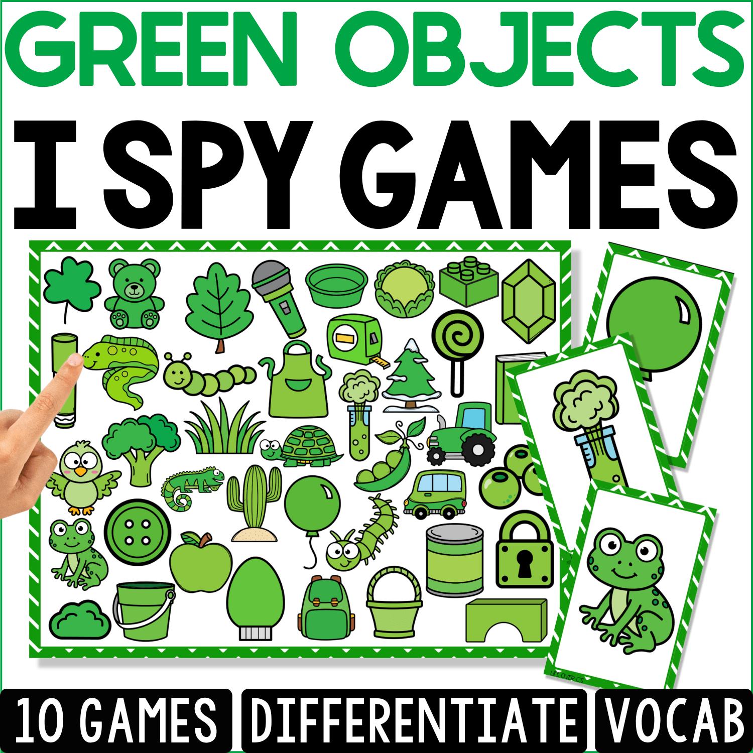 Green Objects I Spy vocabulary game cover with a visual discrimination board featuring a frog, broccoli, apple, cactus, turtle, leaf, clover, tractor, caterpillar, and green toys.