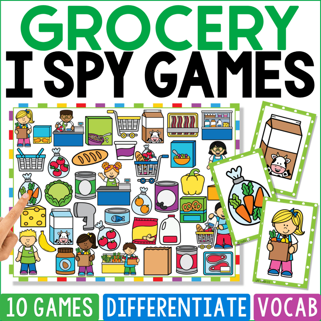 Grocery I Spy Games cover recreates a supermarket with produce, bread, canned foods, cheese, milk, meat, freezer cases, shopping carts, checkout counters, shelves, grocery workers, and shoppers, with carrots and employee cards beside the board.