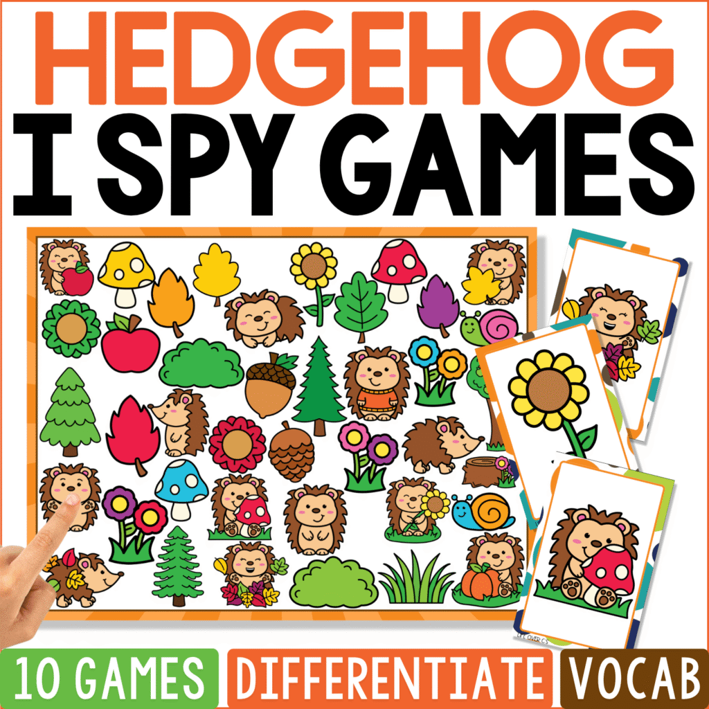 Hedgehog I Spy Games cover places smiling hedgehogs throughout a colorful woodland garden of sunflowers, mushrooms, evergreen trees, apples, acorns, leaves, flowers, snails, grass, and bushes, including a ladybug hedgehog card.