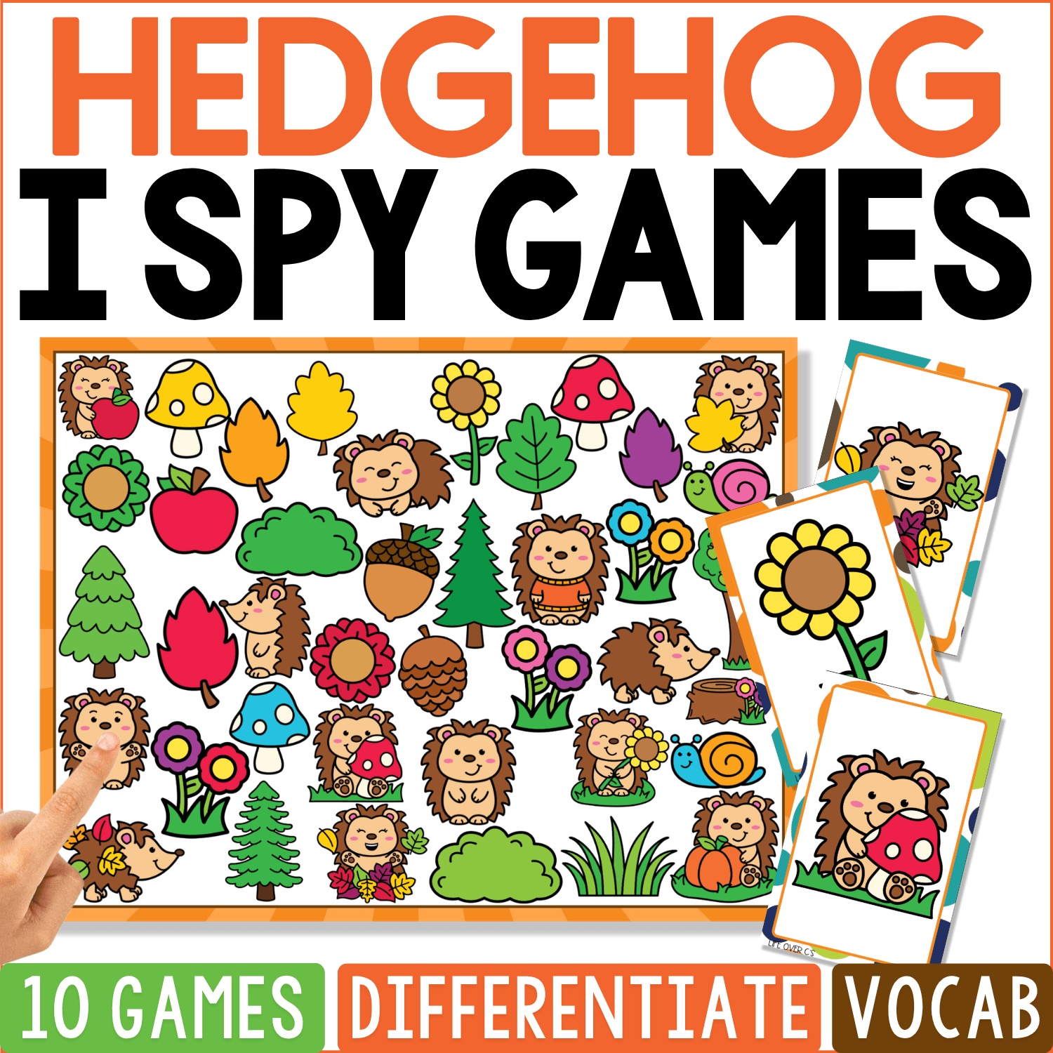 Hedgehog I Spy Games cover places smiling hedgehogs throughout a colorful woodland garden of sunflowers, mushrooms, evergreen trees, apples, acorns, leaves, flowers, snails, grass, and bushes, including a ladybug hedgehog card.