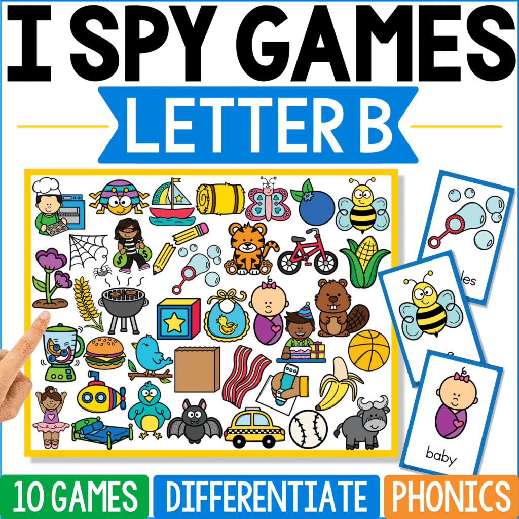 Letter B I Spy Games phonics cover challenges children to find B words among pictures such as bubbles, bee, bicycle, burger, baby, ball, bear, bacon, bus, banana, and baseball, with baby and bee cards visible at the side.