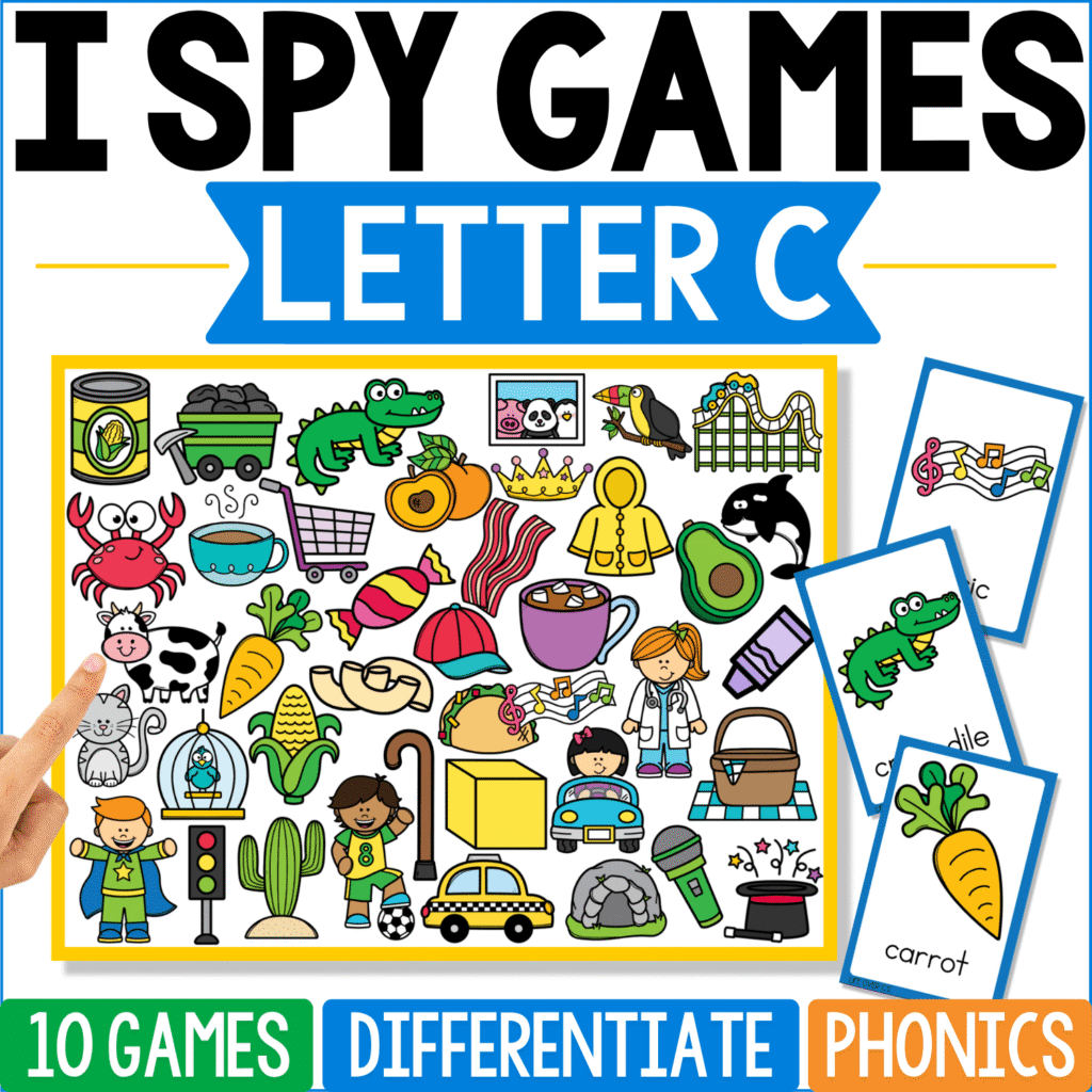 Letter C I Spy phonics cover includes carrot, crocodile, crab, cart, corn, cactus, car, crown, cat, cup, and other hard-C picture clues, with a bright carrot card and crocodile card pulled out from the game board.