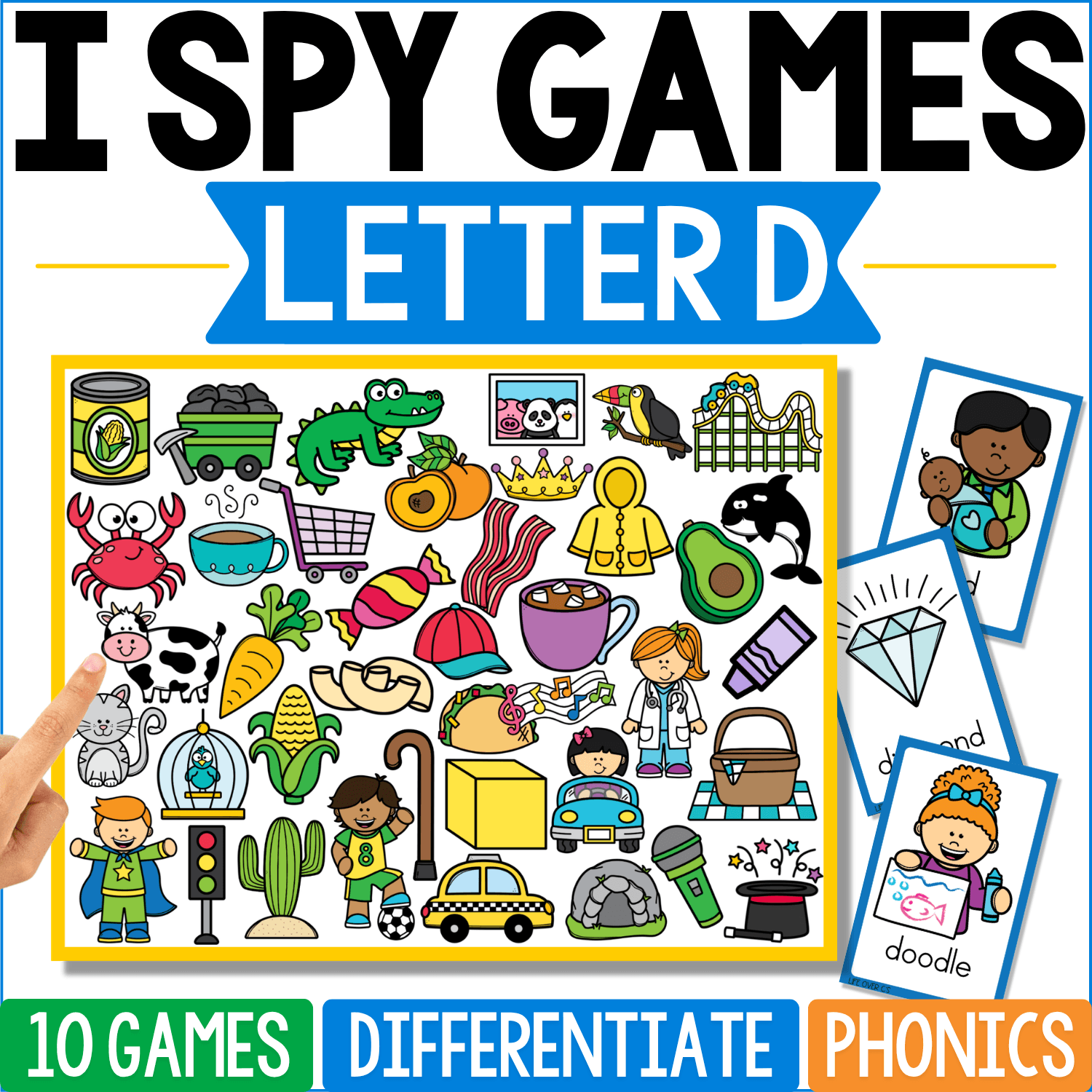 Letter D I Spy Games cover features beginning-D pictures including diamond, doodle, doctor, dog, duck, dress, drum, door, and desk mixed among the search images, with diamond and “doodle” shown on the example cards.