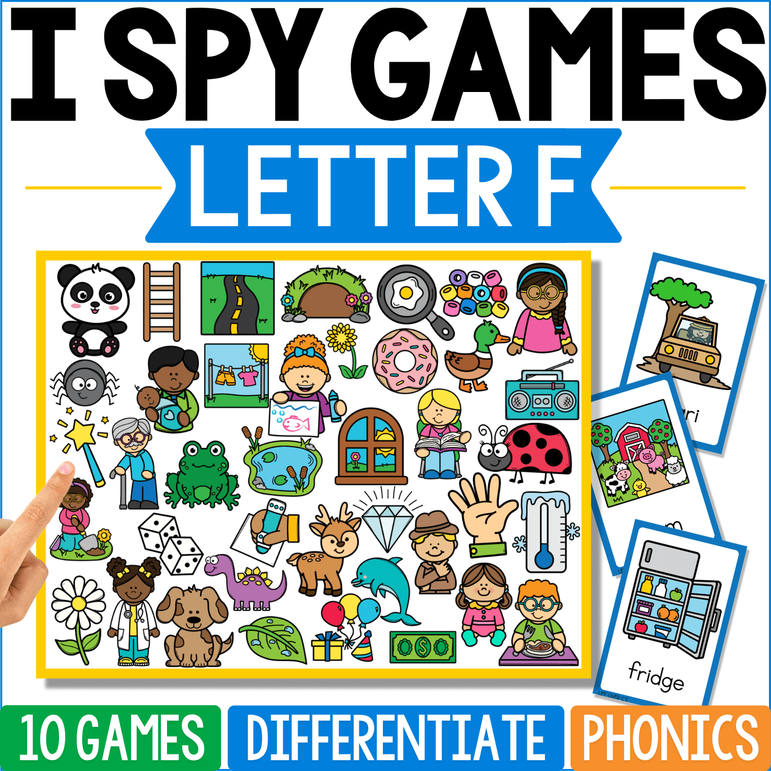 Letter F phonics I Spy cover scatters beginning-F vocabulary such as fridge, frog, fork, flower, fish, family, fan, flag, foot, and fire among colorful illustrations, with refrigerator and treehouse-style clue cards on the right.