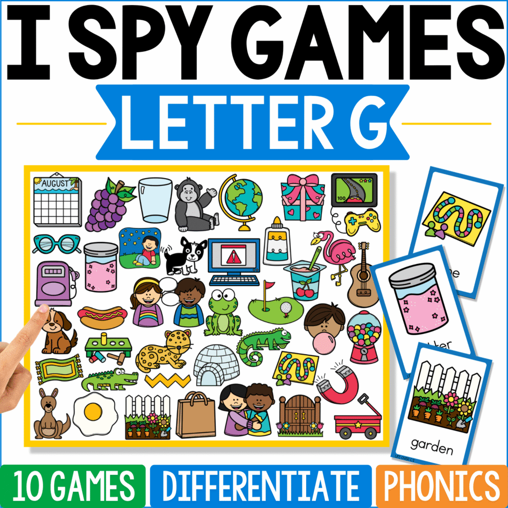 Letter G I Spy Games board contains grapes, globe, goat, gift, glasses, garden, gorilla, gate, guitar, gum, and other G-sound images, while a garden and colorful object card demonstrate the picture-search format.