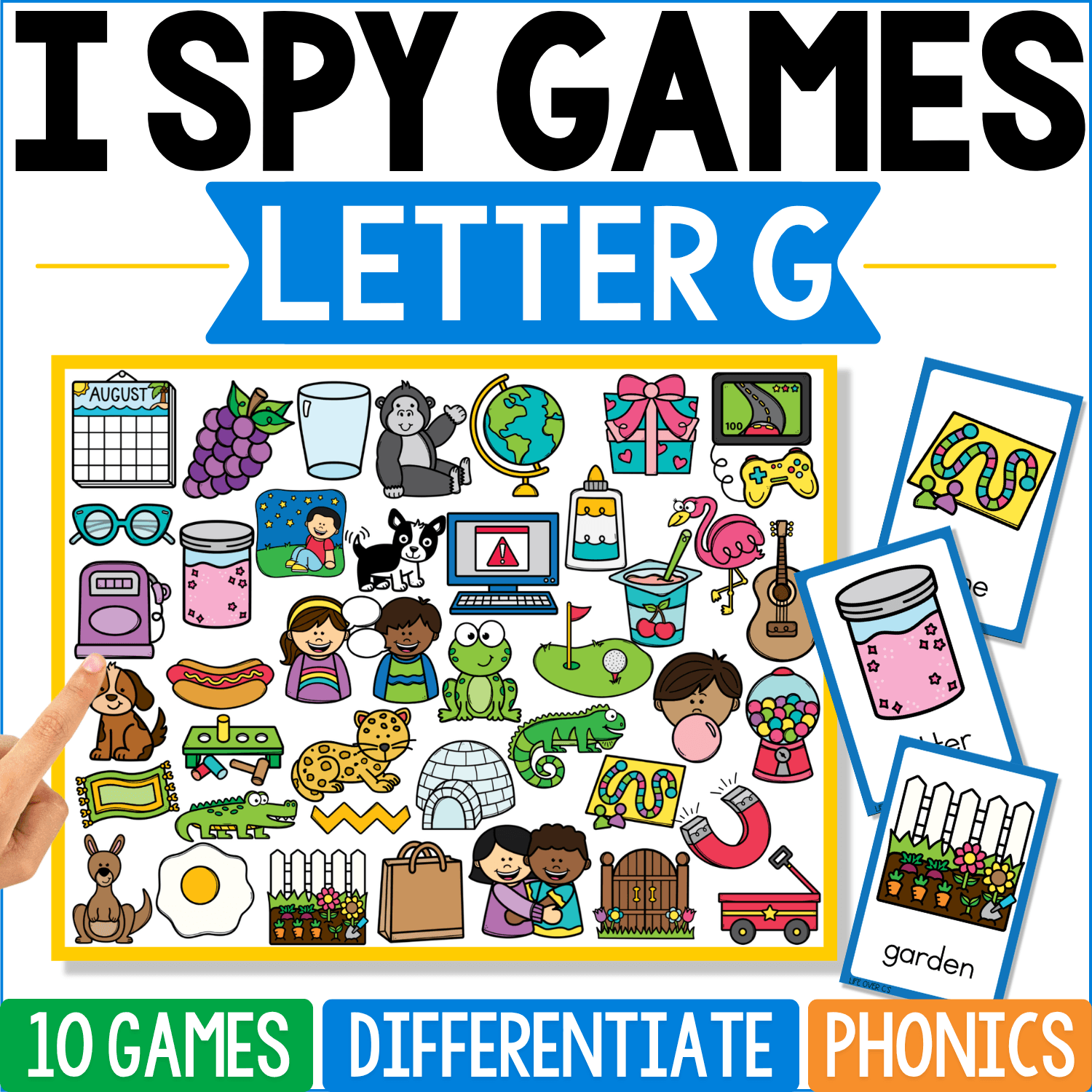 Letter G I Spy Games board contains grapes, globe, goat, gift, glasses, garden, gorilla, gate, guitar, gum, and other G-sound images, while a garden and colorful object card demonstrate the picture-search format.