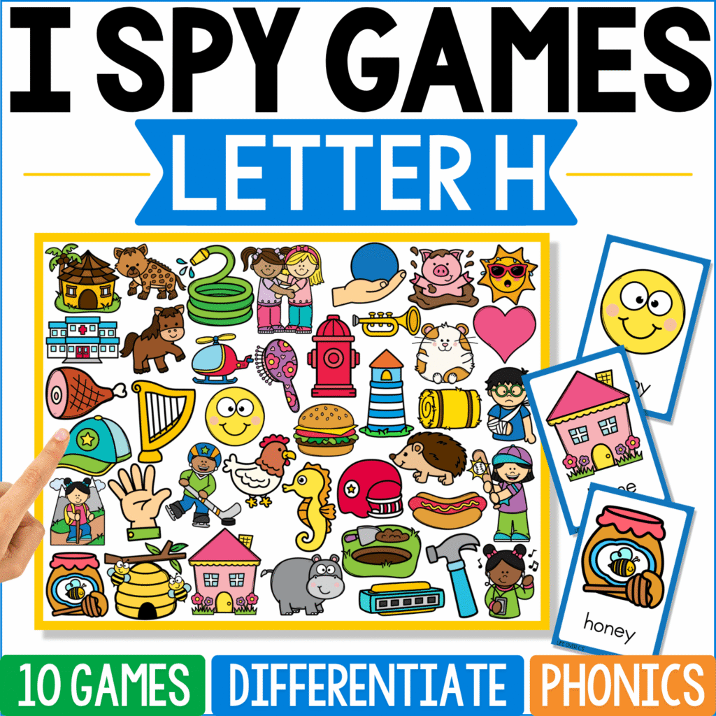 Letter H I Spy Games cover surrounds children with honey, heart, horse, harp, house, hand, hamburger, hose, hat, hippo, and other beginning-H pictures, with honey and house cards extending from the board.