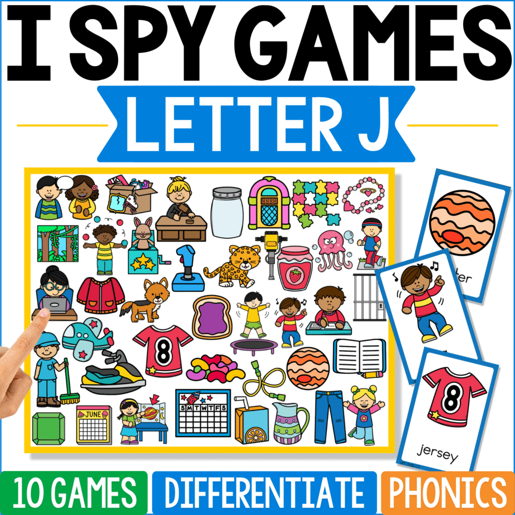 Letter J I Spy phonics cover features jersey, jar, jelly, jacket, juice, jaguar, jump, jeans, jellyfish, and other J vocabulary, with an orange-striped ball, jumping child, and number 8 jersey shown as sample cards.