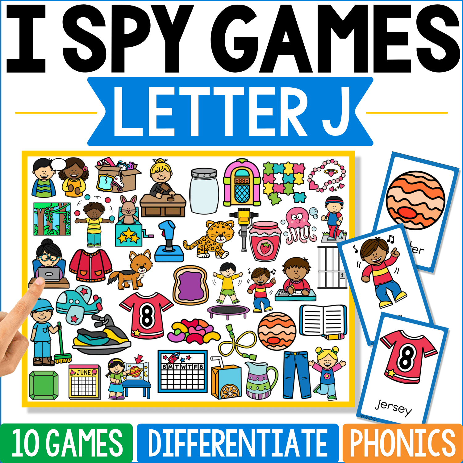 Letter J I Spy phonics cover features jersey, jar, jelly, jacket, juice, jaguar, jump, jeans, jellyfish, and other J vocabulary, with an orange-striped ball, jumping child, and number 8 jersey shown as sample cards.