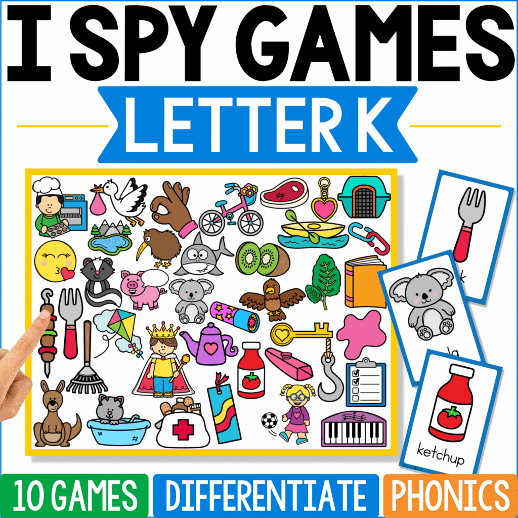 Letter K I Spy Games cover includes ketchup, koala, kite, king, key, keyboard, kiwi, kayak, kettle, and other K words, with ketchup, koala, and fork-like picture cards standing out beside the main board.