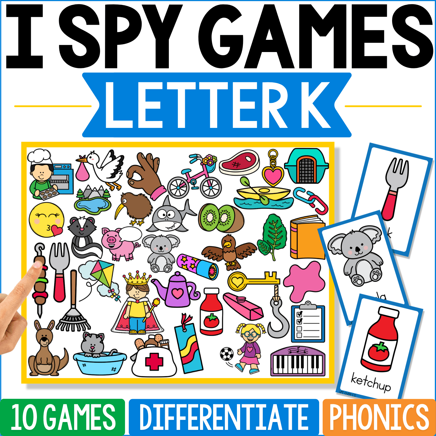 Letter K I Spy Games cover includes ketchup, koala, kite, king, key, keyboard, kiwi, kayak, kettle, and other K words, with ketchup, koala, and fork-like picture cards standing out beside the main board.