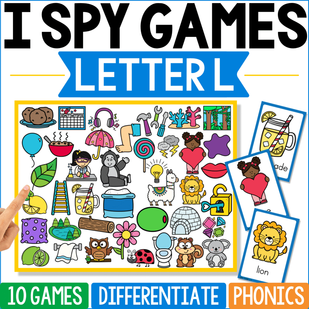 Letter L I Spy phonics cover mixes lion, lemonade, leaf, lips, light bulb, lock, log, ladybug, ladder, and other L pictures across the board, with lion and lemonade cards featured along the edge.