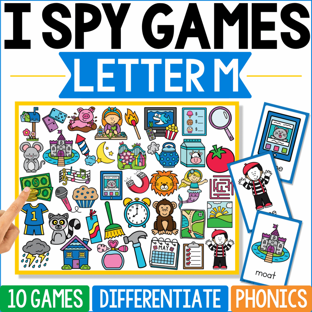 Letter M I Spy Games board contains moat, mime, moon, mouse, milk, map, monkey, magnet, muffin, maze, and other beginning-M illustrations, with “moat” and a mime shown as separate phonics cards.