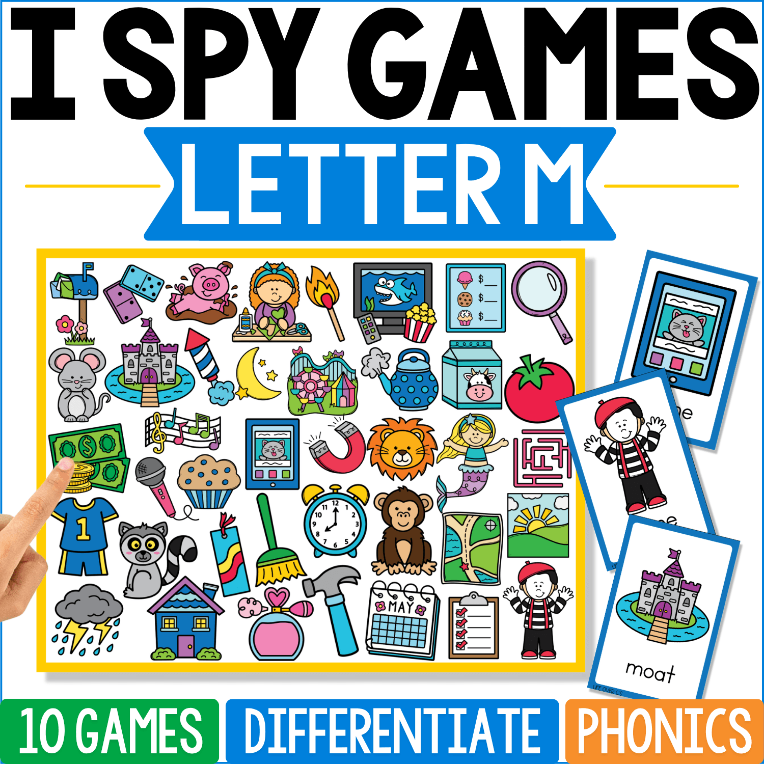 Letter M I Spy Games board contains moat, mime, moon, mouse, milk, map, monkey, magnet, muffin, maze, and other beginning-M illustrations, with “moat” and a mime shown as separate phonics cards.