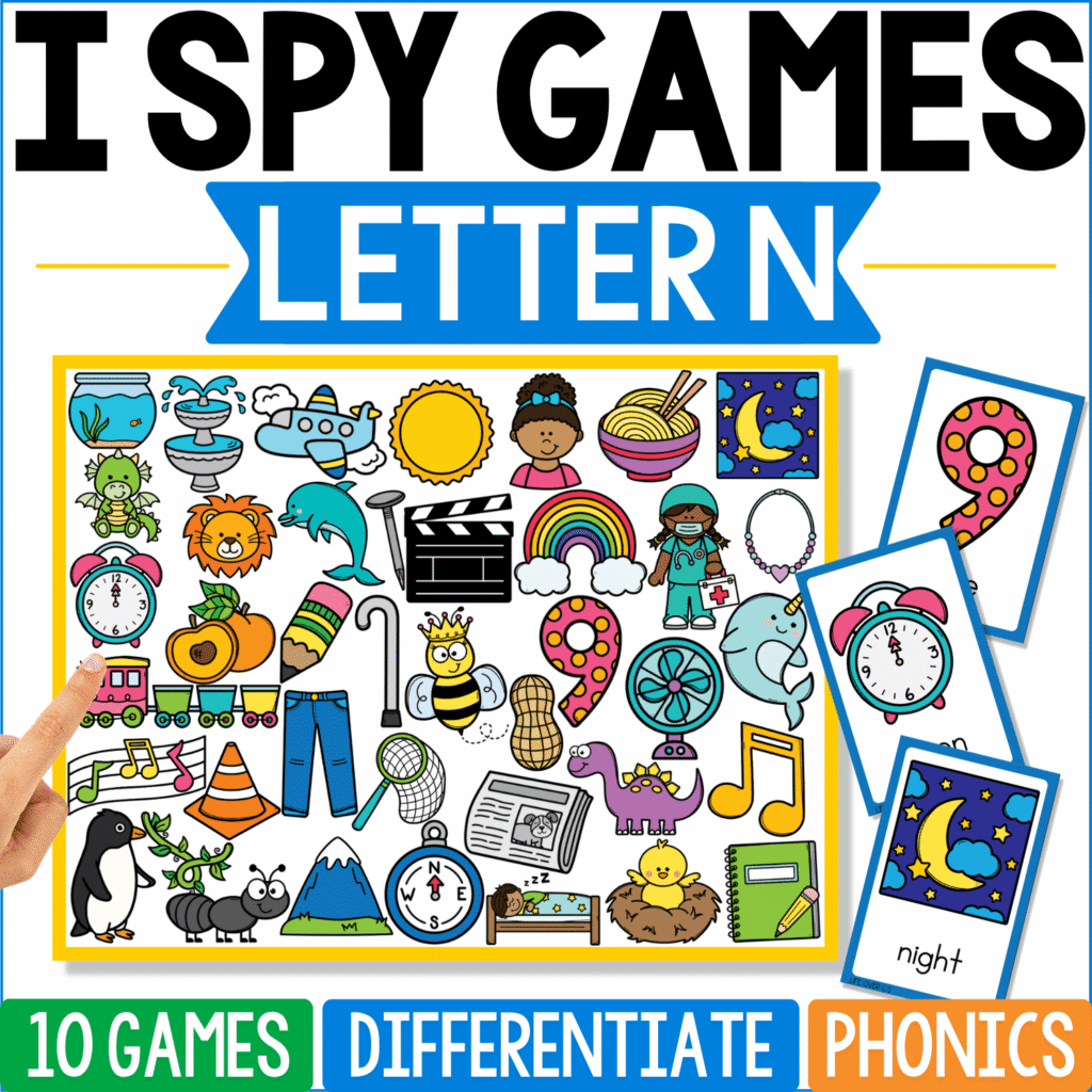 Letter N I Spy phonics cover includes night, nine, nest, newspaper, nurse, nail, net, necklace, notebook, and other N pictures, with a nighttime moon-and-stars card and dotted number nine displayed beside the board.