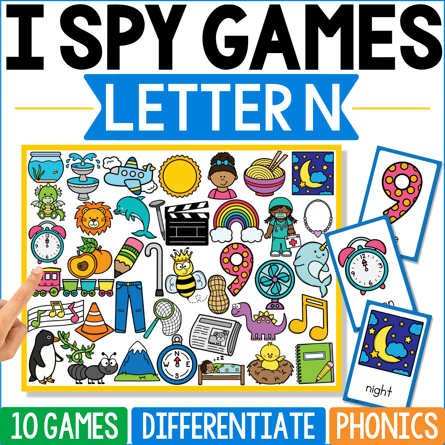 Letter N I Spy phonics cover includes night, nine, nest, newspaper, nurse, nail, net, necklace, notebook, and other N pictures, with a nighttime moon-and-stars card and dotted number nine displayed beside the board.