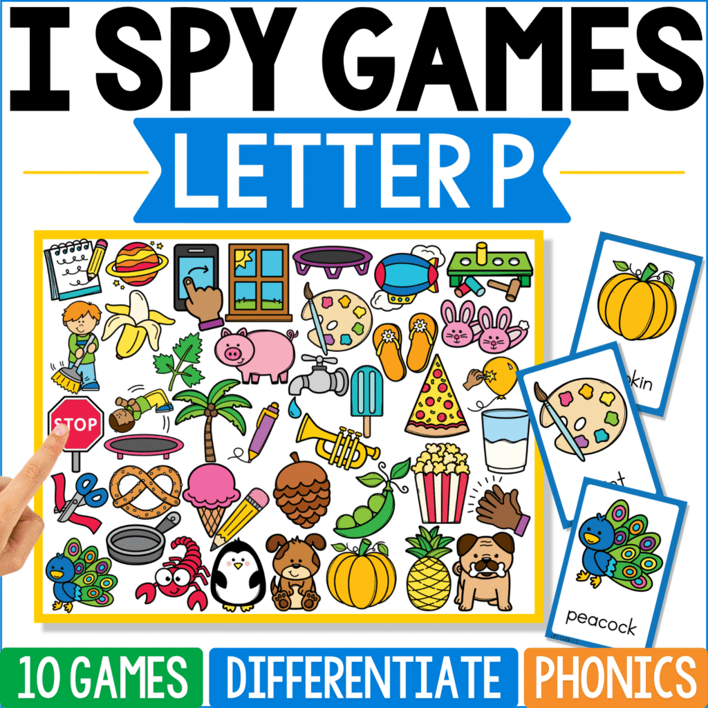 Letter P I Spy Games cover is crowded with pumpkin, peacock, pizza, pig, palm tree, pencil, popcorn, pretzel, penguin, paint, and other P vocabulary, with pumpkin and peacock featured on the clue cards.