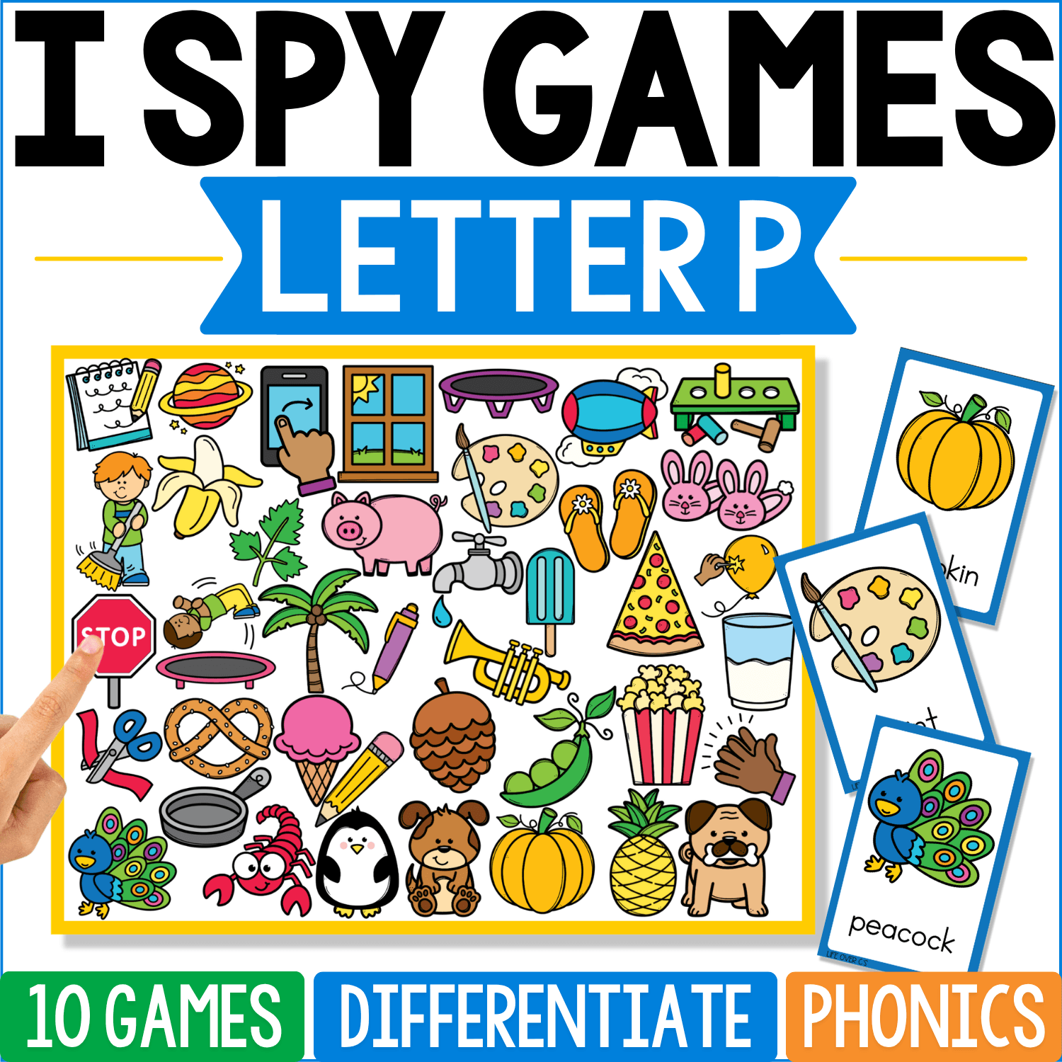Letter P I Spy Games cover is crowded with pumpkin, peacock, pizza, pig, palm tree, pencil, popcorn, pretzel, penguin, paint, and other P vocabulary, with pumpkin and peacock featured on the clue cards.