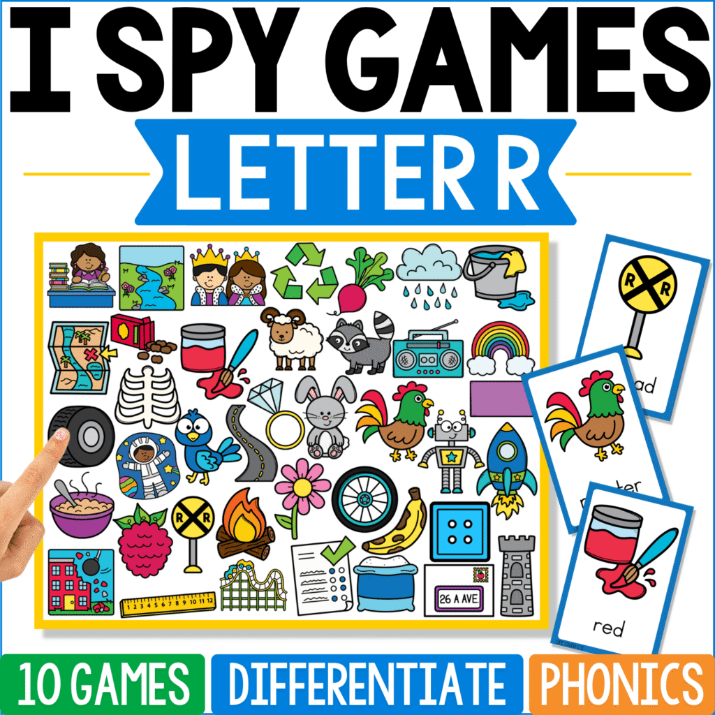 Letter R I Spy Games cover includes red, rooster, rainbow, radio, ruler, rabbit, railroad sign, ring, robot, recycling symbol, and other R words, with “red” and a railroad crossing sign shown on example cards.