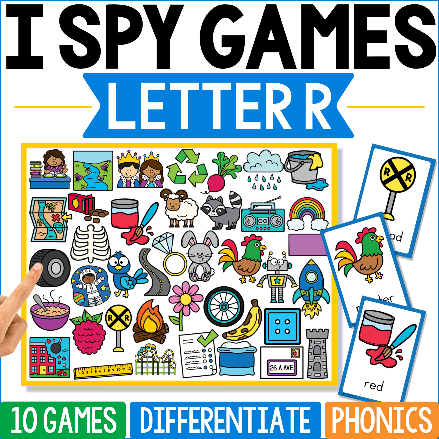 Letter R I Spy Games cover includes red, rooster, rainbow, radio, ruler, rabbit, railroad sign, ring, robot, recycling symbol, and other R words, with “red” and a railroad crossing sign shown on example cards.