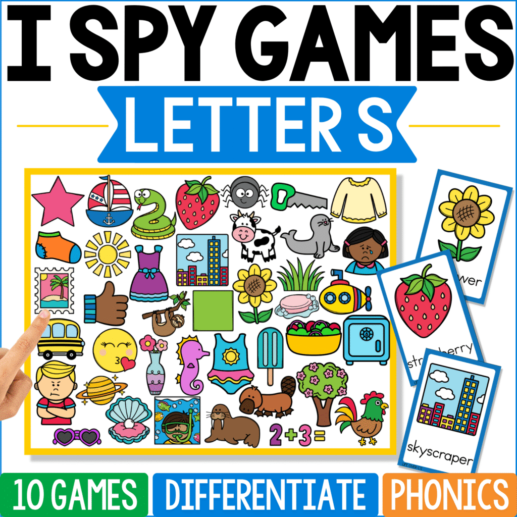 Letter S I Spy phonics artwork includes strawberry, skyscraper, star, snake, sun, sock, seal, shirt, sunflower, square, and other S pictures, with strawberry, skyscraper, and flower cards extending from the side.