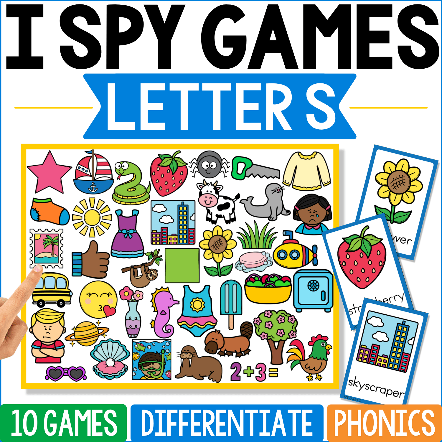 Letter S I Spy phonics artwork includes strawberry, skyscraper, star, snake, sun, sock, seal, shirt, sunflower, square, and other S pictures, with strawberry, skyscraper, and flower cards extending from the side.
