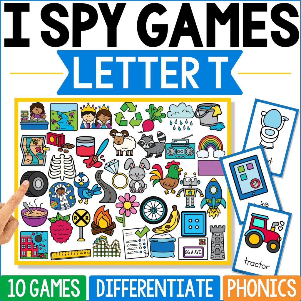 Letter T I Spy Games cover features tractor, toilet, tire, turtle, train, tree, tomato, tiger, tent, and other T vocabulary, with tractor and toilet cards prominently displayed for beginning sound practice.