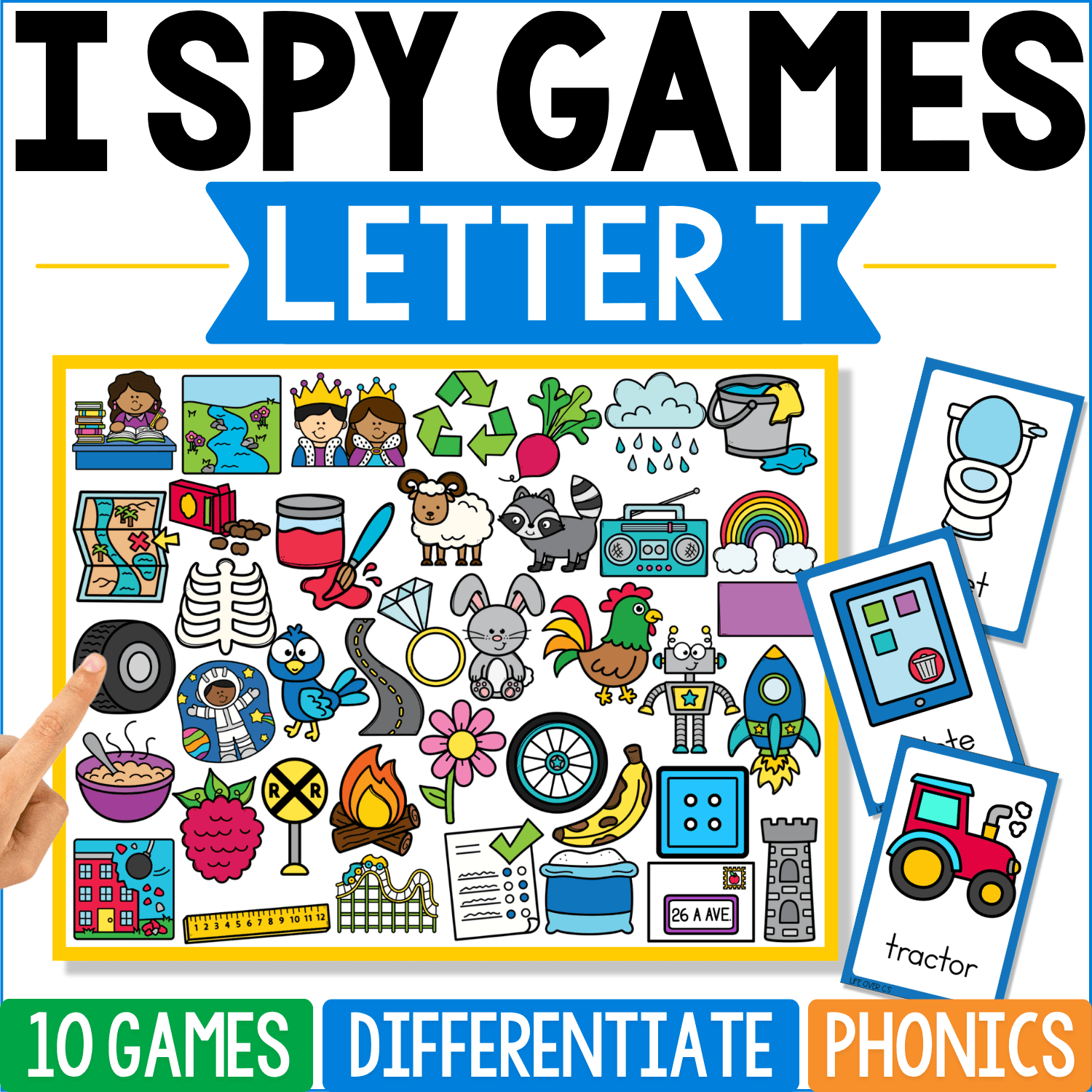Letter T I Spy Games cover features tractor, toilet, tire, turtle, train, tree, tomato, tiger, tent, and other T vocabulary, with tractor and toilet cards prominently displayed for beginning sound practice.