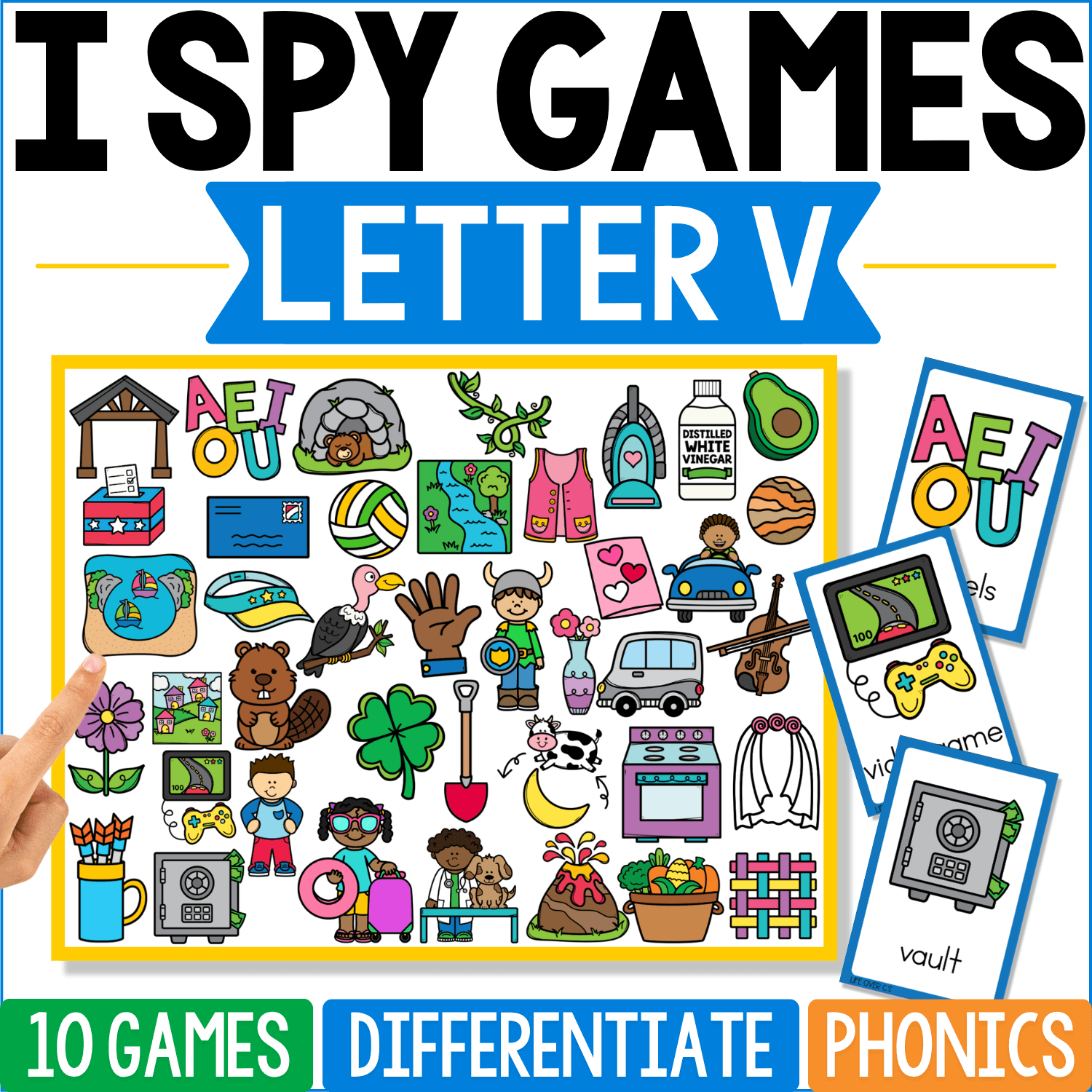 Letter V phonics I Spy cover uses harder-to-find V words such as vault, video game, van, vase, vegetables, veterinarian, violin, volcano, and vest, with a safe labeled “vault” among the separate picture cards.