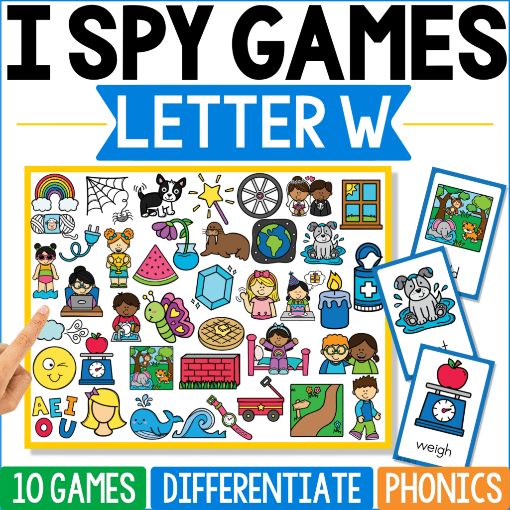 Letter W I Spy Games board includes weigh, whale, wagon, web, wolf, watermelon, window, wheel, waffle, and other W pictures, with a scale labeled “weigh” and animal cards beside the colorful search area.