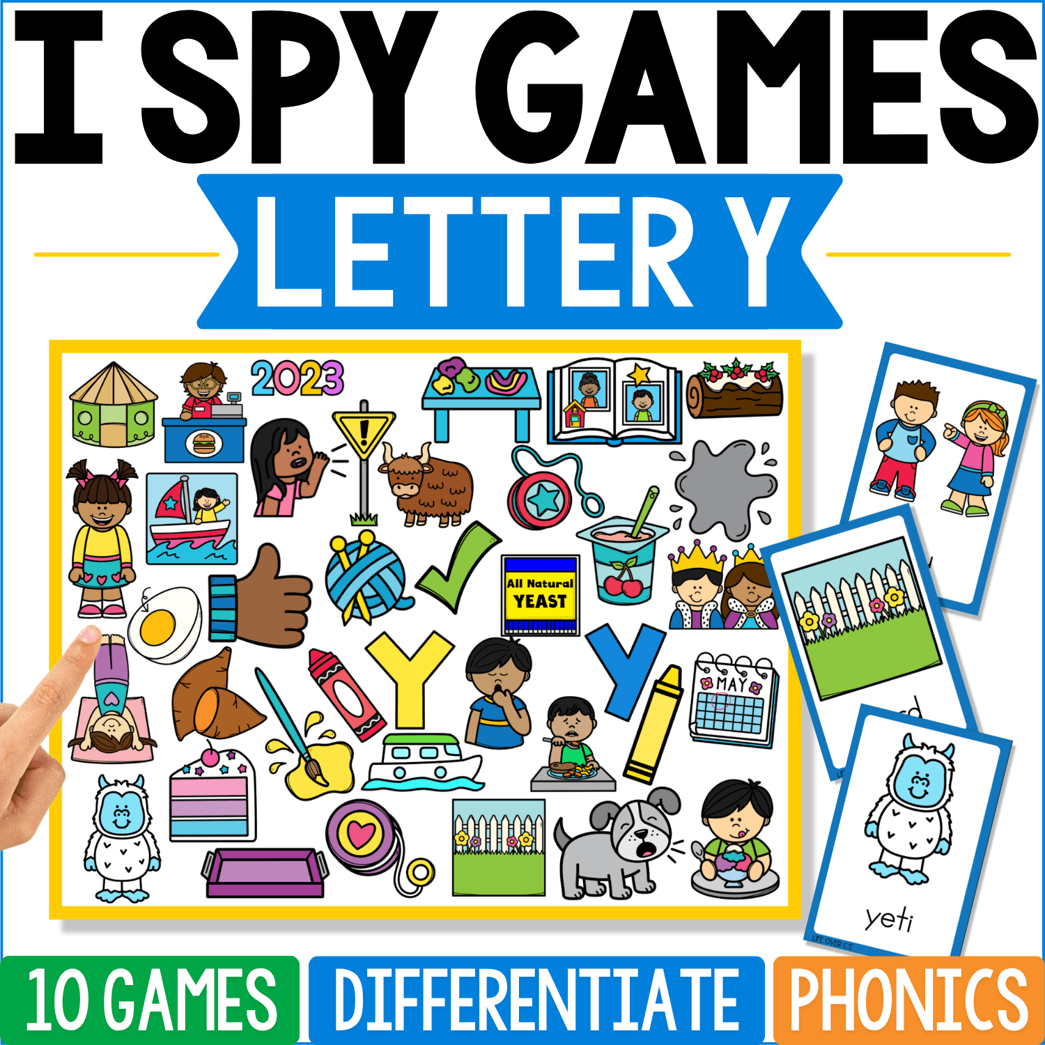 Letter Y I Spy phonics cover features yeti, year, yarn, yo-yo, yak, yogurt, yolk, yellow objects, and other Y vocabulary, with a yeti card and a calendar-style image reinforcing less common beginning-Y words.