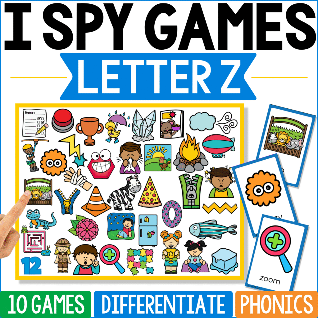 Letter Z I Spy Games cover brings together zebra, zipper, zero, zigzag, zoo, zoom, zucchini, and other Z-themed pictures, with a magnifying glass labeled “zoom” and a zoo enclosure among the featured cards.