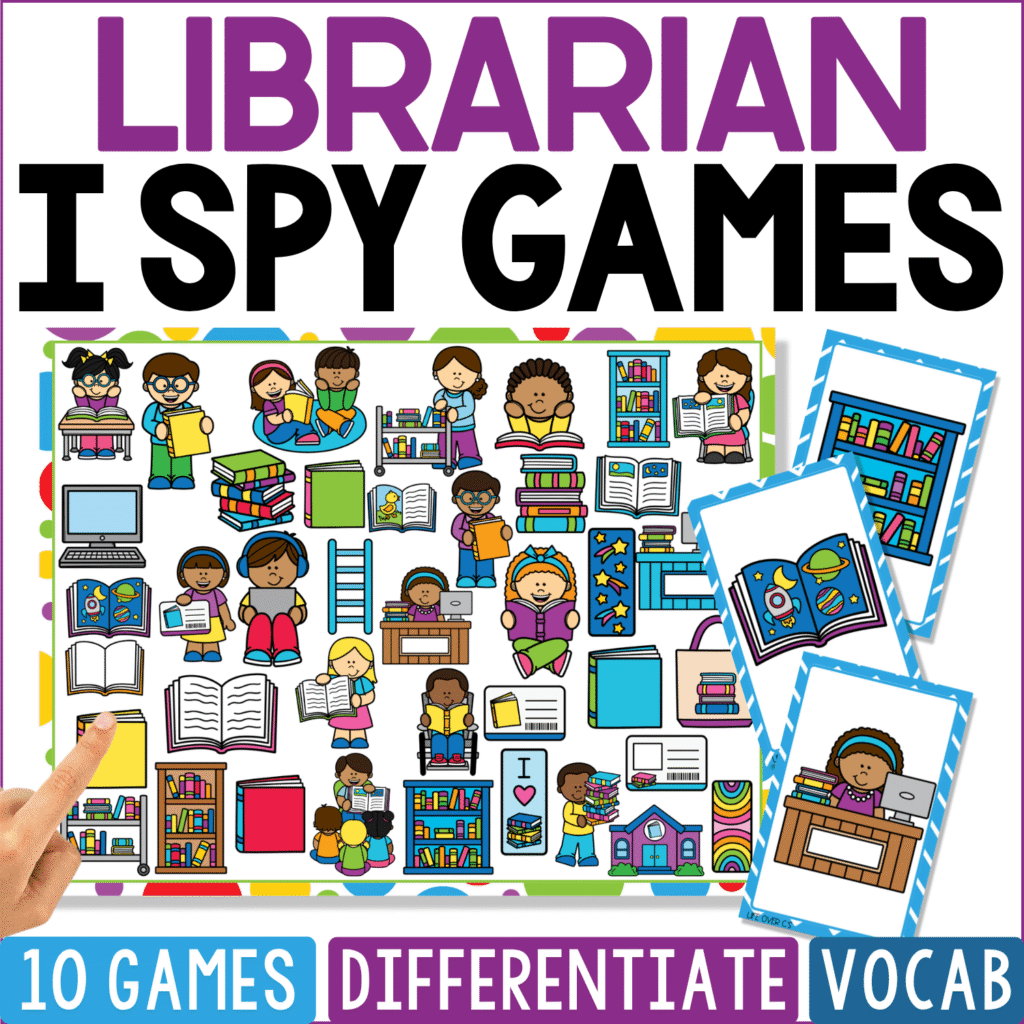 Librarian I Spy Games cover depicts a lively library with librarians, children reading, stacks of books, open books, shelves, computers, library cards, book carts, reading tables, and a library building for community helper vocabulary.