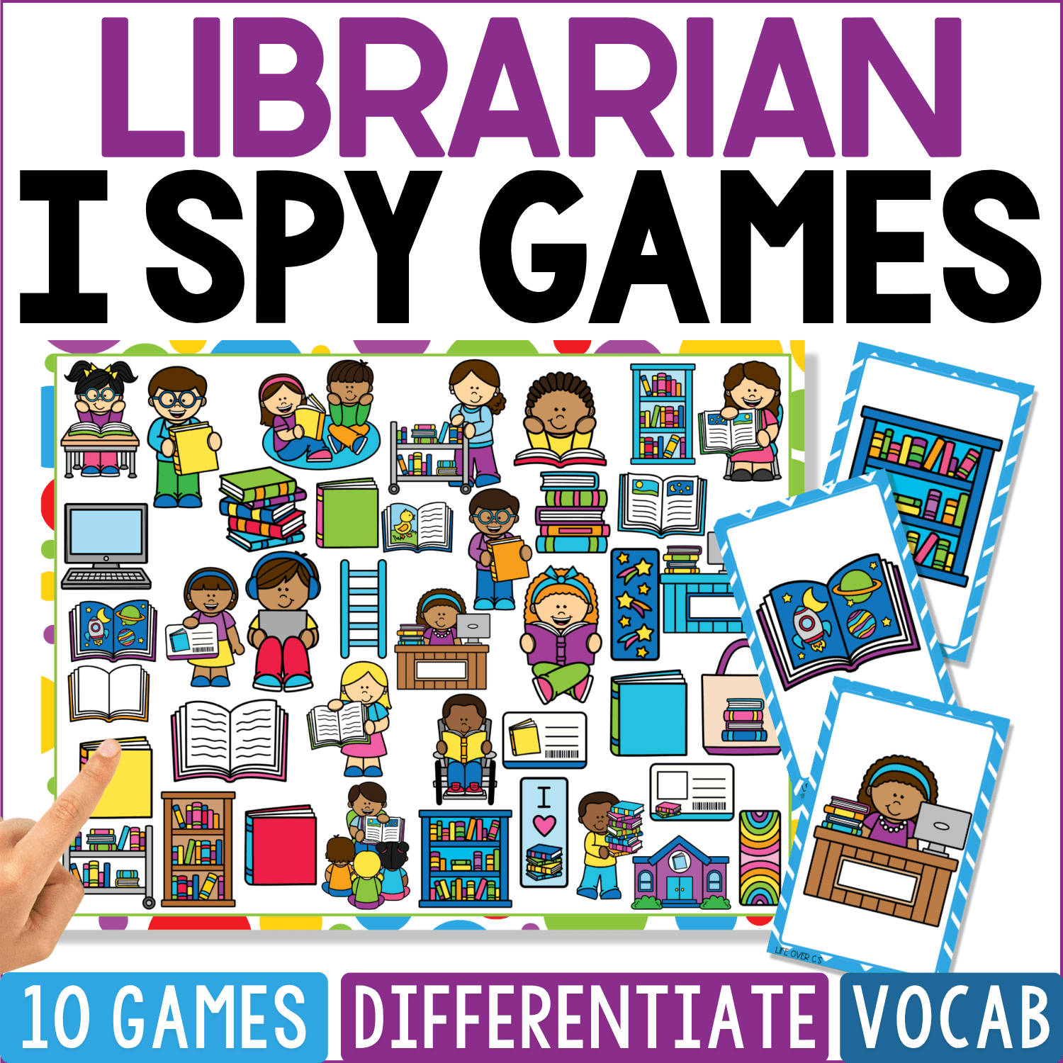 Librarian I Spy Games cover depicts a lively library with librarians, children reading, stacks of books, open books, shelves, computers, library cards, book carts, reading tables, and a library building for community helper vocabulary.