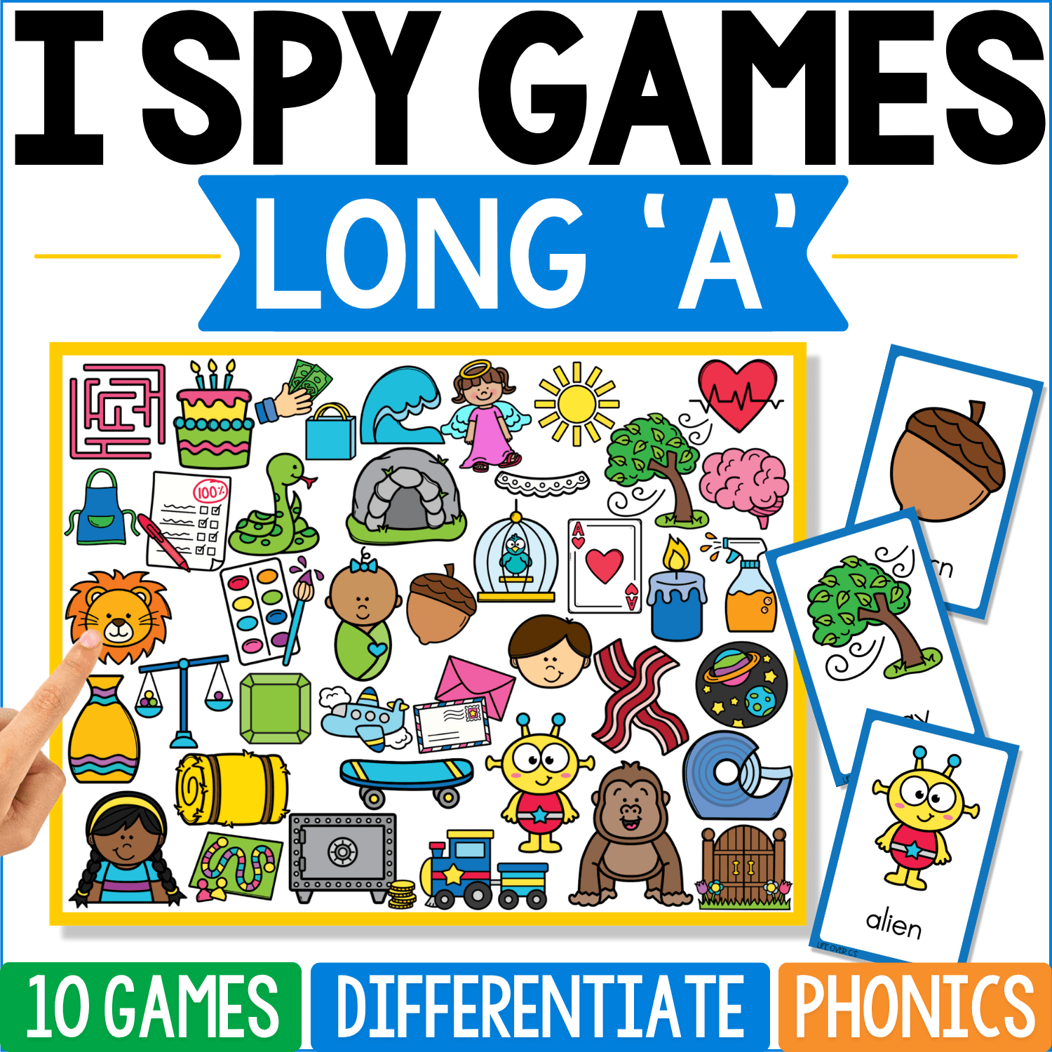 Long ‘A’ I Spy Games phonics cover uses picture clues such as acorn, alien, apron, cake, brain, gate, skate, rain, and other long-A words, with acorn and alien shown on individual word cards.